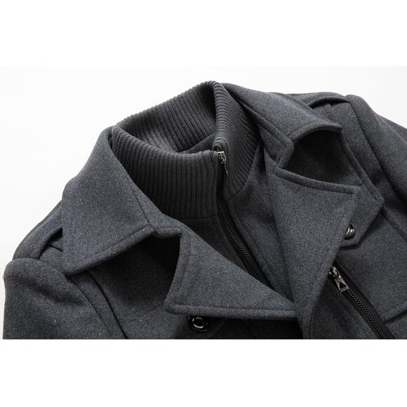 Men's Grey 2 Wool Blend Coat Warm Winter Trench Coat With Detachable Soft Scarf - Picture 6 of 7